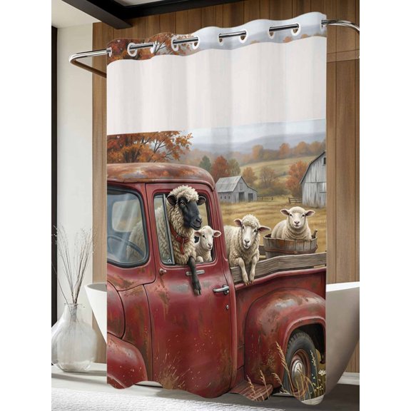 No Hook Shower Curtain with Snap in Liner, Farmhouse Sheep Barn Truck Waterproof Fabric Bathroom Curtain Mesh Top Window, Pastoral Tree Wildflower Shower Curtains 60x72in