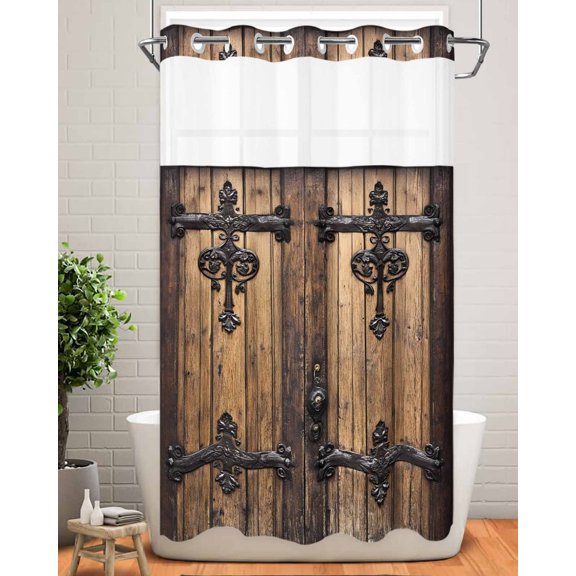 No Hook Shower Curtain with Snap in Liner,Farmhouse Vintage Wood Board Waterproof Bath Curtain Double Layers with See Through Top Window,Brown Wooden Hotel Shower Curtains 36x72in