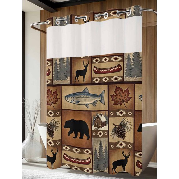 No Hook Shower Curtain with Snap in Liner, Farmhouse Wildlife Collage Waterproof Bath Curtain Double Layers with See Through Top Window, Animal Deer Fish Hotel Shower Curtains 72x84in