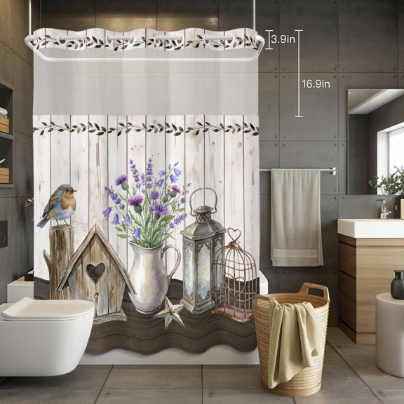No Hook Shower Curtain with Snap in Liner, Farmhouses Birds Cages Country Stars Waterproof Fabric Bathroom Curtain Mesh Top Window, Lavender in Vases Shower Curtains 72x84in