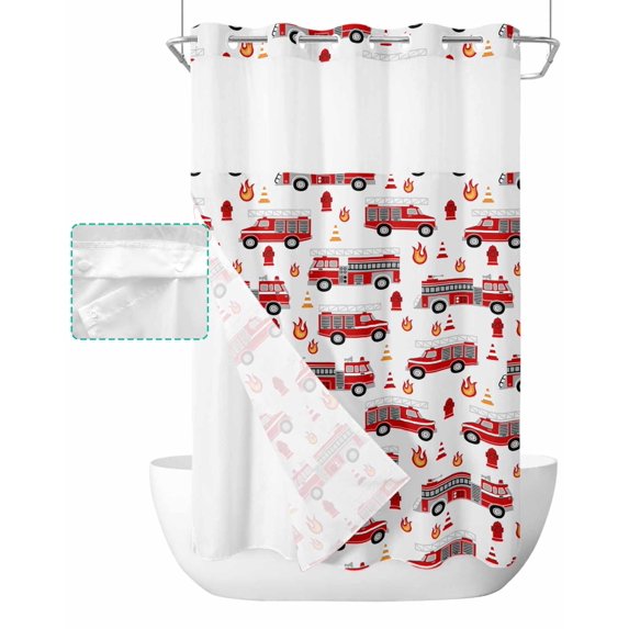 No Hook Shower Curtain with Snap in Liner, Fire Red Fire Truck Flame Hotel Shower Curtains for Bathroom, Washable Shower Curtain Liner Set with Mesh Top Window, 54"x78"