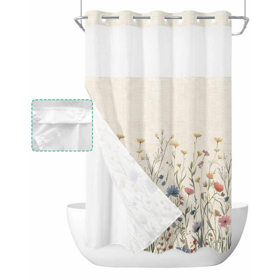 No Hook Shower Curtain with Snap in Liner, Floral Watercolor Leaves Colorful Daisy Linen Background Shower Curtains for Bathroom, Washable Shower Curtain Liner Set with Mesh Top Window, 36"x72"