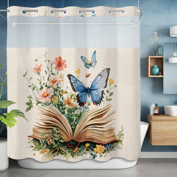 No Hook Shower Curtain with Snap in Liner, Flower Butterfly Book on Vintage Linen Waterproof Fabric Bathroom Curtain Mesh Top Window, Spring Botanical Shower Curtains 72x72in