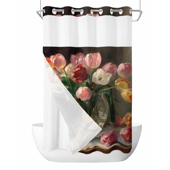 No Hook Shower Curtain with Snap in Liner Flowers Pink Shower Curtain -Fabric Waterproof Inner Liner, Tulips in Bottle Shower Curtains Washable 36"x72"