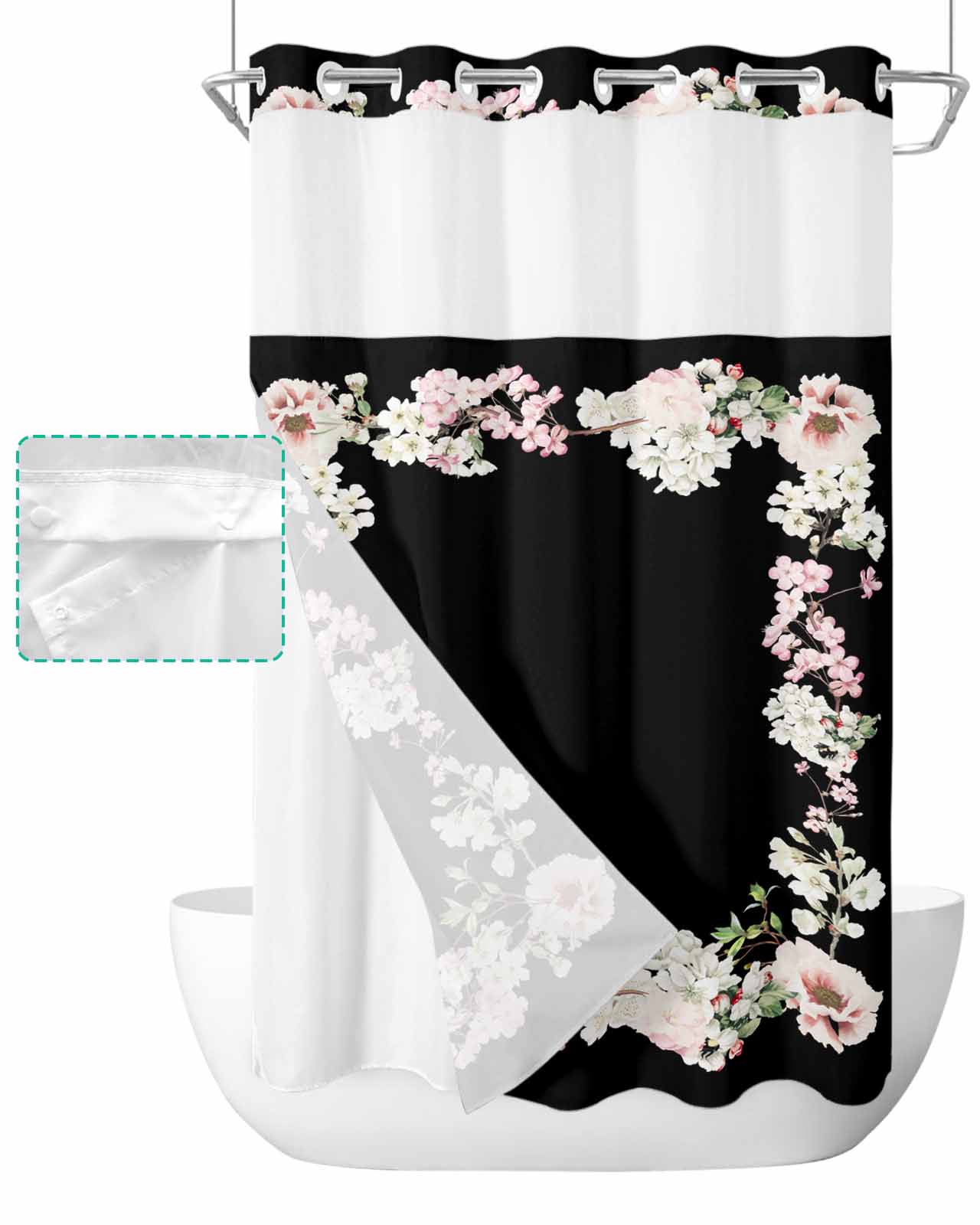 No Hook Shower Curtain with Snap in Liner, Flowers Plant Pink White Floral on Black Hotel Shower Curtains for Bathroom, Washable Shower Curtain Liner Set with Mesh Top Window, 54"x78"