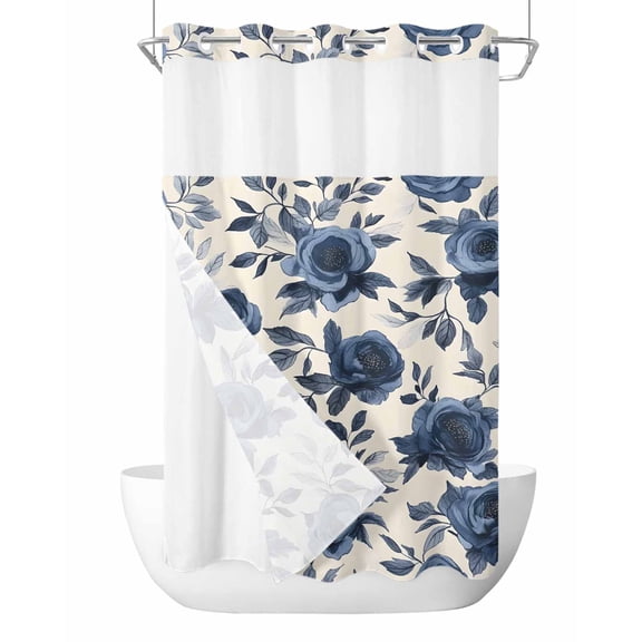 No Hook Shower Curtain with Snap in Liner Flowers Shower Curtain -Fabric Waterproof Inner Liner, Vintage Blue Roses Leaves Watercolor Nostalgia Beige Bottom Shower Curtains Washable 36"x72"