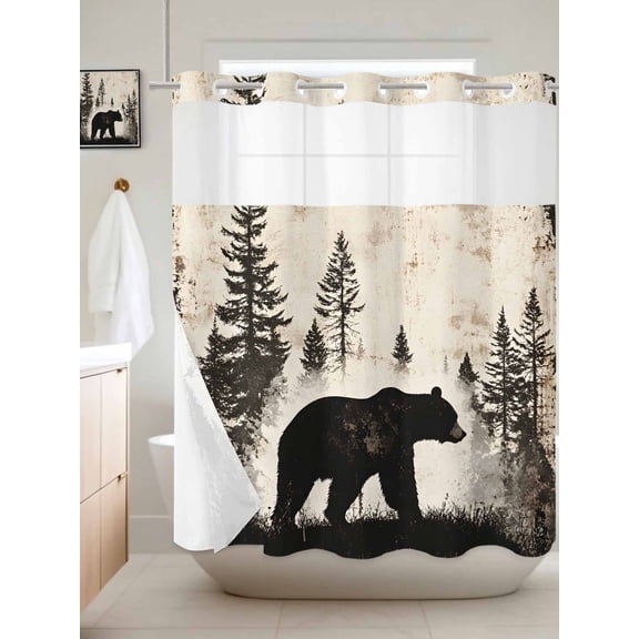 No Hook Shower Curtain with Snap in Liner, Forest Brown Bear Silhouette Waterproof Bath Curtain Double Layers with See Through Top Window, Minimalist Modern Art Hotel Shower Curtains 72x72in