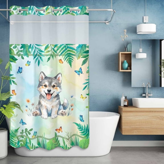 No Hook Shower Curtain with Snap in Liner, Forest Green Leaf Wolf Waterproof Fabric Bathroom Curtain Mesh Top Window, Cartoon Animal Rustic Butterfly Flower Shower Curtains 36x72in