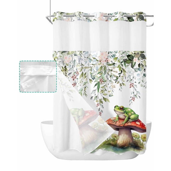 No Hook Shower Curtain with Snap in Liner, Frog Mushroom Flowers Watercolor Plant Leaves Hotel Shower Curtains for Bathroom, Washable Shower Curtain Liner Set with Mesh Top Window, 60"x72"