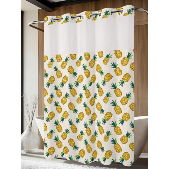 No Hook Shower Curtain with Snap in Liner, Fruit Pineapple Pattern Waterproof Bath Curtain Double Layers with See Through Top Window, Retro Linen Background Hotel Shower Curtains 72x84in
