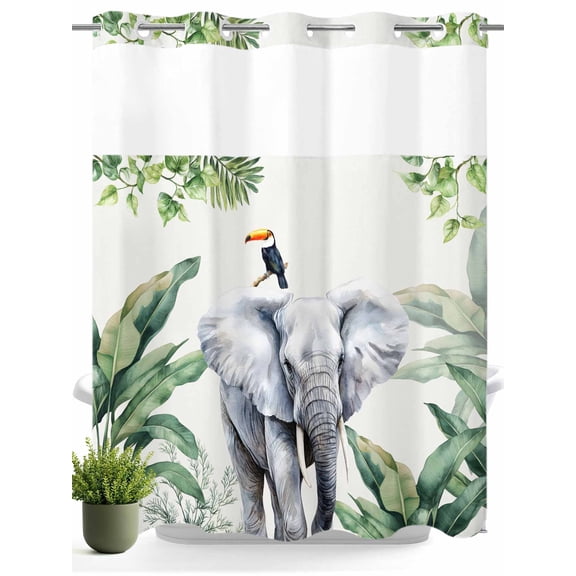 No Hook Shower Curtain with Snap in Liner,Fun Elephant Tropical Palm Leaf Waterproof Bath Curtain Double Layers with See Through Top Window,Green Jungle Bird Hotel Shower Curtains 72x72in