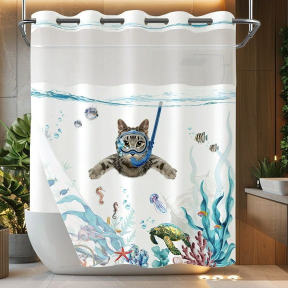 No Hook Shower Curtain with Snap in Liner Funny Cat Nautical Hookless Shower Curtains for Bathroom Teal Blue Sea Ocean Octopus Starfish Turtle Anchor Fish Waterproof Fabric Bath Curtain Decor 71×74In