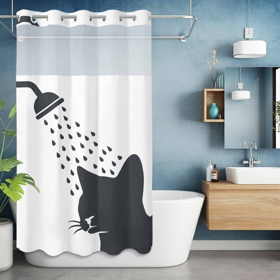 No Hook Shower Curtain with Snap in Liner, Funny Cat Waterproof Fabric Bathroom Curtain Mesh Top Window, Cartoon Grey White Animal Shadow Shower Curtains 36x72in