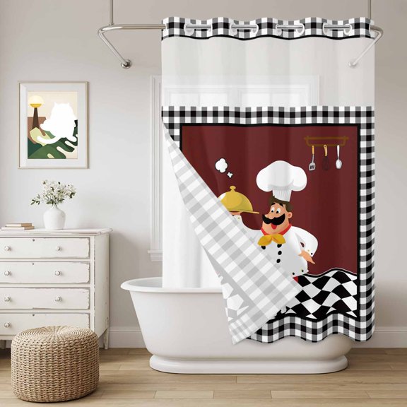 No Hook Shower Curtain with Snap in Liner, Funny Chef Food Cutlery Curtain Set See-Through Top Double Layers Black White Plaid Dark Maroon Shower Curtains for Bathroom Decor, 60x72in