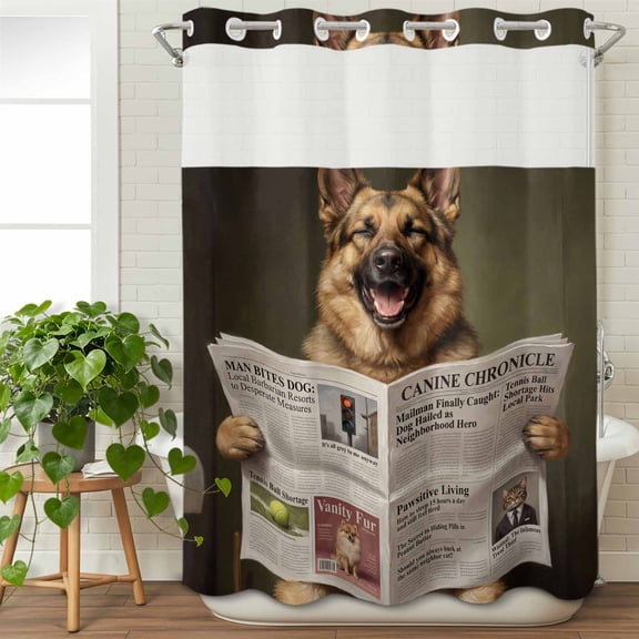 No Hook Shower Curtain with Snap in Liner, Funny Dogs Reading Newspapers Waterproof Bath Curtain Double Layers with See Through Top Window, Modern Abstract Art Hotel Shower Curtains 48x72in