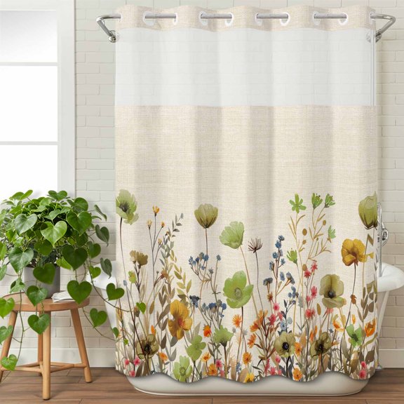 No Hook Shower Curtain with Snap in Liner, Garden Art Spring Blossom Flower Waterproof Fabric Bathroom Curtain Mesh Top Window, Watercolor Floral Leaf on Flax Shower Curtains 48x72in