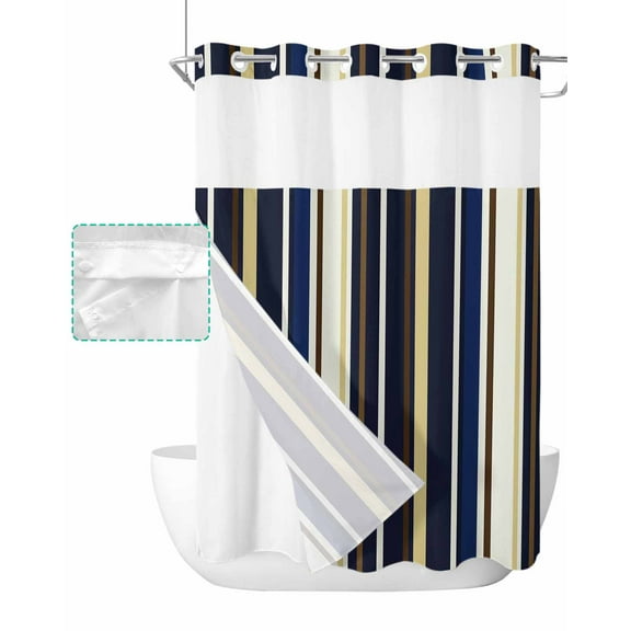 No Hook Shower Curtain with Snap in Liner, Geometric Art Blue and Brown Striped Texture Hotel Shower Curtains for Bathroom, Washable Shower Curtain Liner Set with Mesh Top Window, 60"x72"