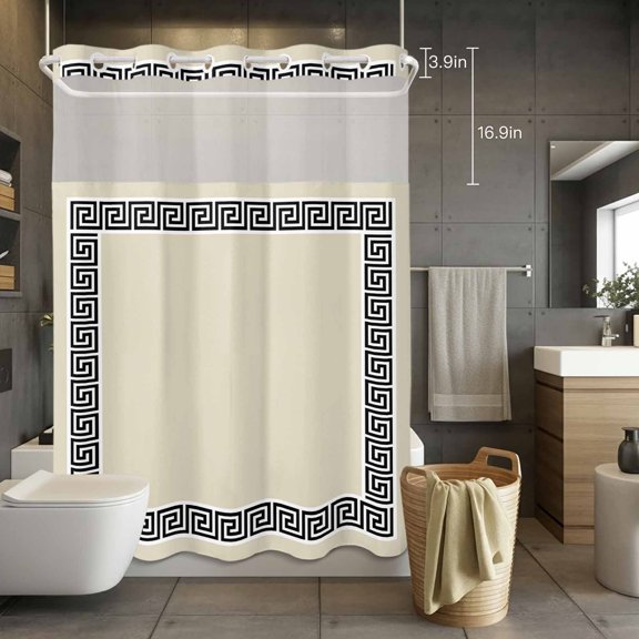 No Hook Shower Curtain with Snap in Liner, Geometric Chic Black Frame Waterproof Fabric Bathroom Curtain Mesh Top Window, Greek Style Shower Curtains 72x84in