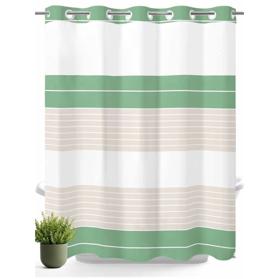 No Hook Shower Curtain with Snap in Liner,Geometric Green Beige Striped Waterproof Bath Curtain Double Layers with See Through Top Window,Gradient Watercolor Line Hotel Shower Curtains 72x72in