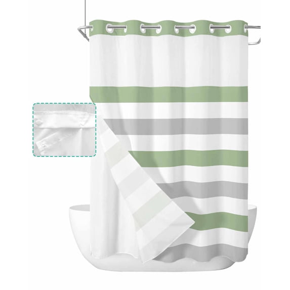 No Hook Shower Curtain with Snap in Liner, Geometric Sage Green and Gray Stripes Hotel Shower Curtains for Bathroom, Washable Shower Curtain Liner Set with Mesh Top Window, 48"x72"