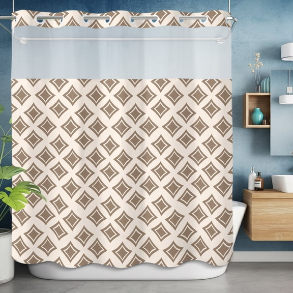 No Hook Shower Curtain with Snap in Liner, Geometric Seamless Diamond Art Waterproof Fabric Bathroom Curtain Mesh Top Window, Vintage Lattice Texture Shower Curtains 72x72in