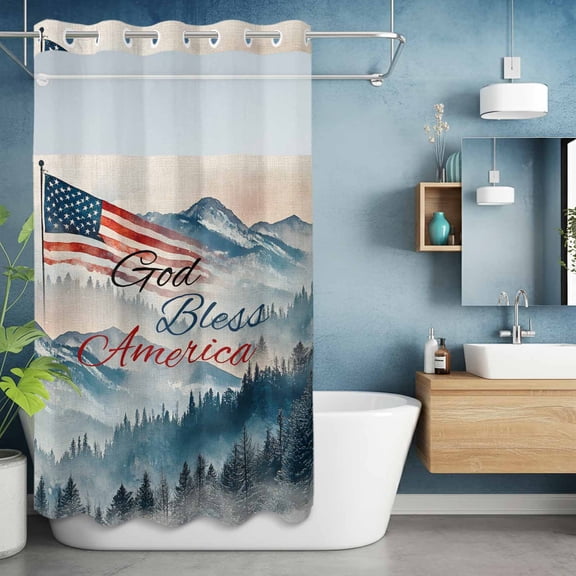 No Hook Shower Curtain with Snap in Liner, God Bless American Usa Flag Waterproof Bath Curtain Double Layers with See Through Top Window, Mountain Forest Tree Hotel Shower Curtains 36x72in