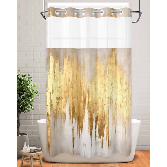 No Hook Shower Curtain with Snap in Liner,Gold Foil Abstract Geometric Waterproof Bath Curtain Double Layers with See Through Top Window,Color Block Impressionist Style Hotel Shower Curtains 36x72in