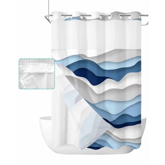 No Hook Shower Curtain with Snap in Liner, Gradient Ocean Waves Blue Gradient Waves Hotel Shower Curtains for Bathroom, Washable Shower Curtain Liner Set with Mesh Top Window, 60"x72"