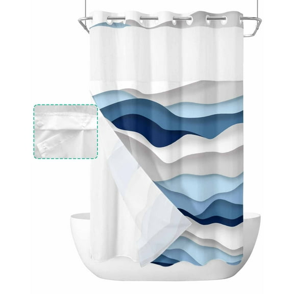 No Hook Shower Curtain with Snap in Liner, Gradient Ocean Waves Blue Gradient Waves Hotel Shower Curtains for Bathroom, Washable Shower Curtain Liner Set with Mesh Top Window, 36"x78"