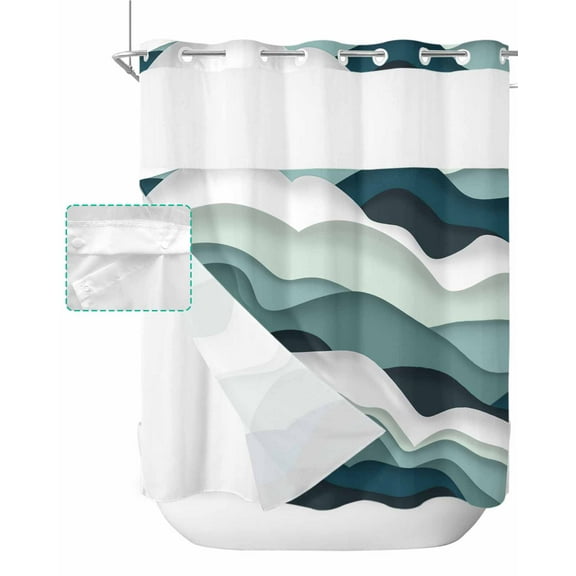 No Hook Shower Curtain with Snap in Liner, Gradient Ocean Waves Cyan Gradient Waves Hotel Shower Curtains for Bathroom, Washable Shower Curtain Liner Set with Mesh Top Window, 72"x72"