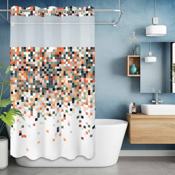 No Hook Shower Curtain with Snap in Liner, Gradient Orange Red Color Block Waterproof Fabric Bathroom Curtain Mesh Top Window, Abstract Brown Geometric Shower Curtains 36x72in