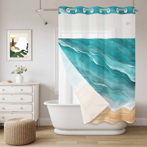 No Hook Shower Curtain with Snap in Liner, Gradient Turquoise Ocean Waves Curtain Set See-Through Top Double Layers Summer Beach Coastal Shower Curtains for Bathroom Decor, 60x72in
