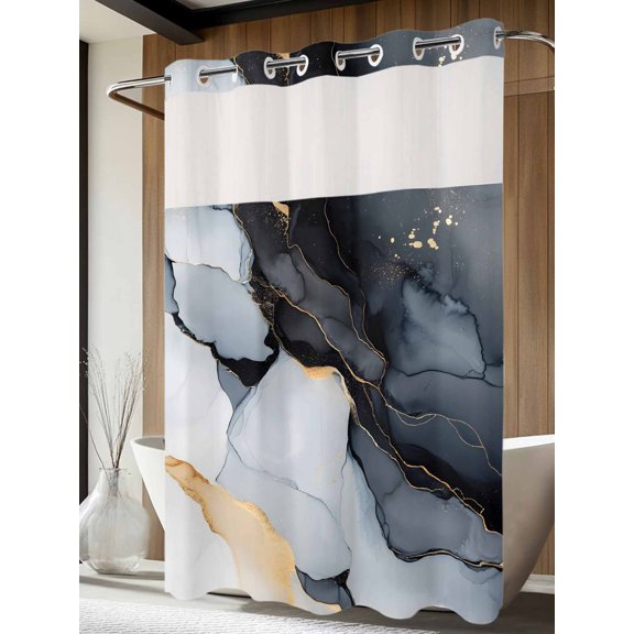 No Hook Shower Curtain with Snap in Liner, Gray Gradient Marble Gold Foil Stripe Waterproof Bath Curtain Double Layers with See Through Top Window, Abstract Geometric Hotel Shower Curtains 72x84in