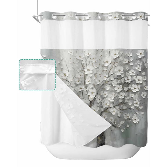 No Hook Shower Curtain with Snap in Liner, Gray Gradient Oil Painting With Flower Overlay Pattern Hotel Shower Curtains for Bathroom, Washable Shower Curtain Liner Set with Mesh Top Window, 66"x72"