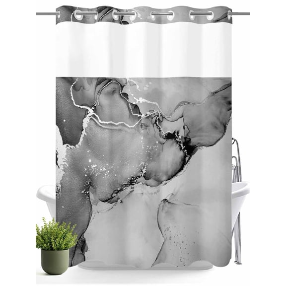 No Hook Shower Curtain with Snap in Liner,Gray Marble Water Waves Waterproof Bath Curtain Double Layers with See Through Top Window,Retro Ripples Abstract Art Hotel Shower Curtains 60x72in