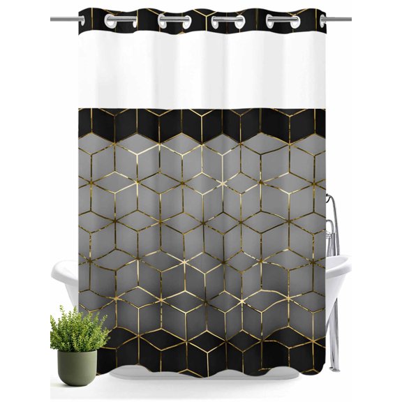 No Hook Shower Curtain with Snap in Liner,Gray Mottled Gradient Geometric Waterproof Bath Curtain Double Layers with See Through Top Window,Modern Abstract Stereo Art Hotel Shower Curtains 60x72in