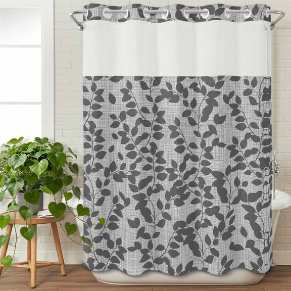 No Hook Shower Curtain with Snap in Liner, Gray Overlay Leaves Seamless Waterproof Fabric Bathroom Curtain Mesh Top Window, Abstract Leaf and Stripes Shower Curtains 48x72in