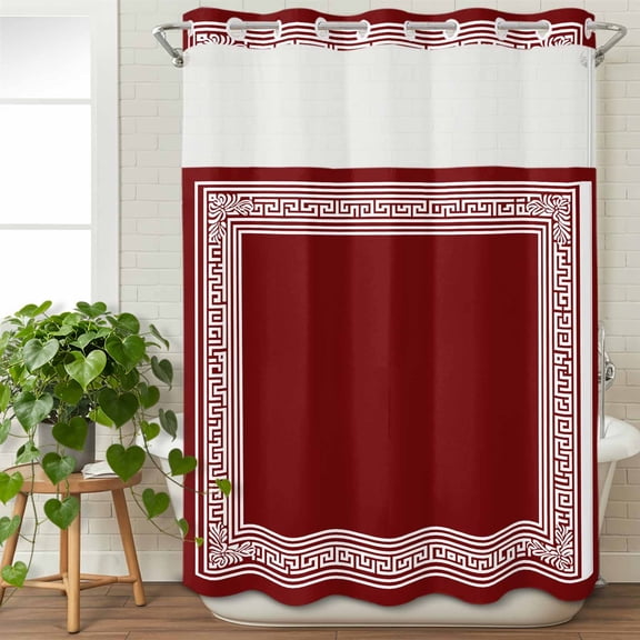 No Hook Shower Curtain with Snap in Liner, Greek Abstract Inspired Key Pattern Waterproof Bath Curtain Double Layers with See Through Top Window, Geometric Twist Line on Red Shower Curtains 48x72in