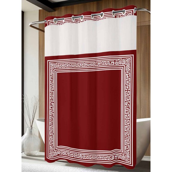 No Hook Shower Curtain with Snap in Liner, Greek Abstract Inspired Key Pattern Waterproof Fabric Bathroom Curtain Mesh Top Window, Geometric Twist Line on Red Shower Curtains 60x72in