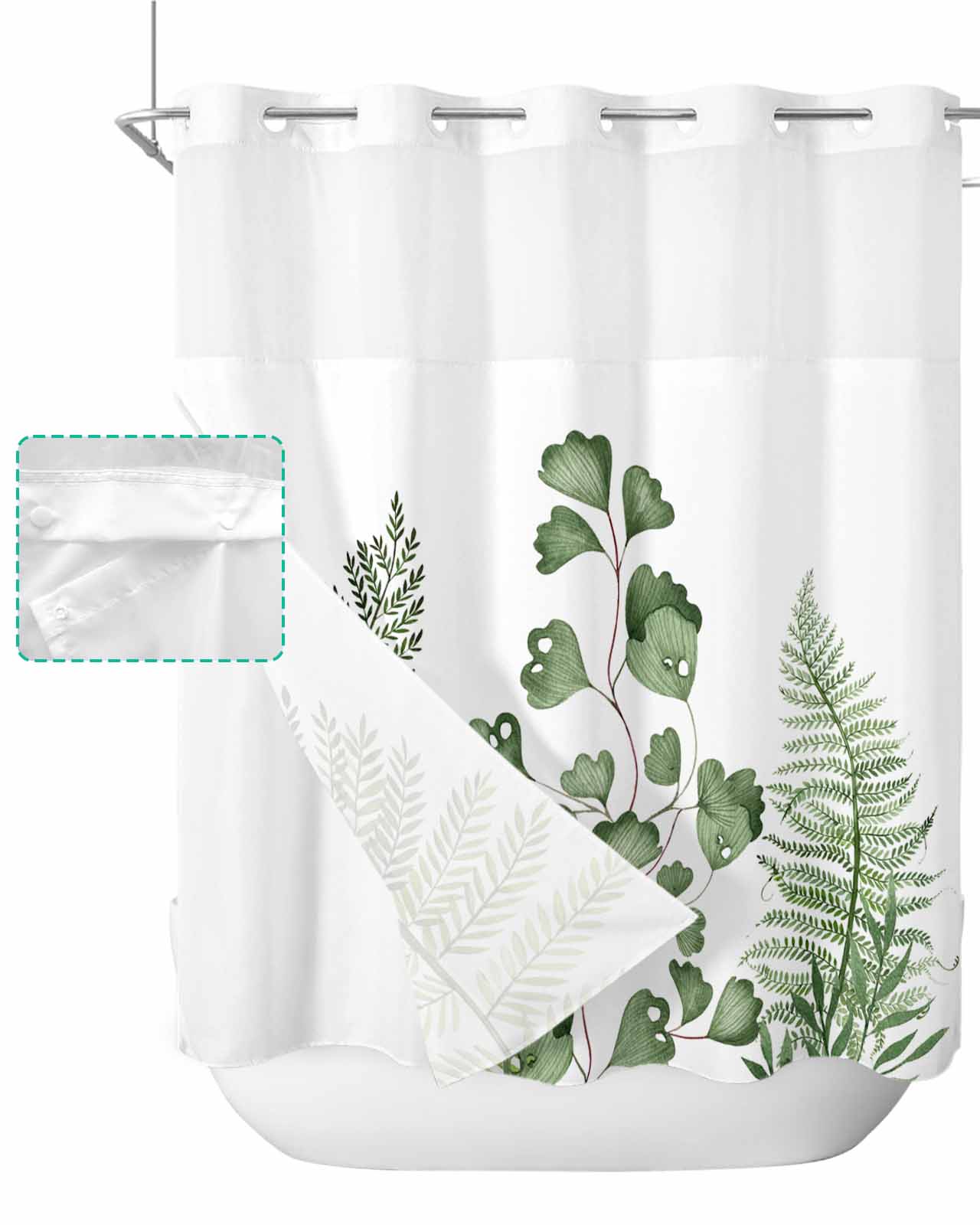 No Hook Shower Curtain with Snap in Liner, Green Fern Plant Leaves Hotel Shower Curtains for Bathroom, Washable Shower Curtain Liner Set with Mesh Top Window, 72"x72"