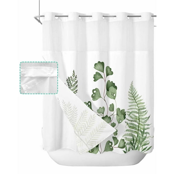 No Hook Shower Curtain with Snap in Liner, Green Fern Plant Leaves Hotel Shower Curtains for Bathroom, Washable Shower Curtain Liner Set with Mesh Top Window, 72"x72"