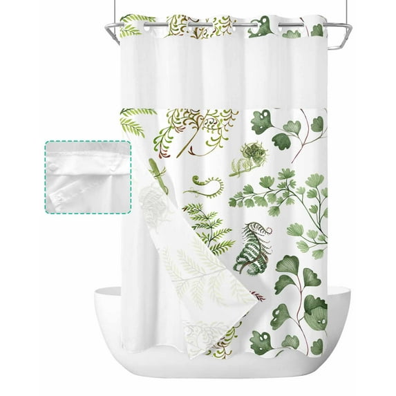 No Hook Shower Curtain with Snap in Liner, Green Fern Plant Leaves Texture Hotel Shower Curtains for Bathroom, Washable Shower Curtain Liner Set with Mesh Top Window, 36"x78"