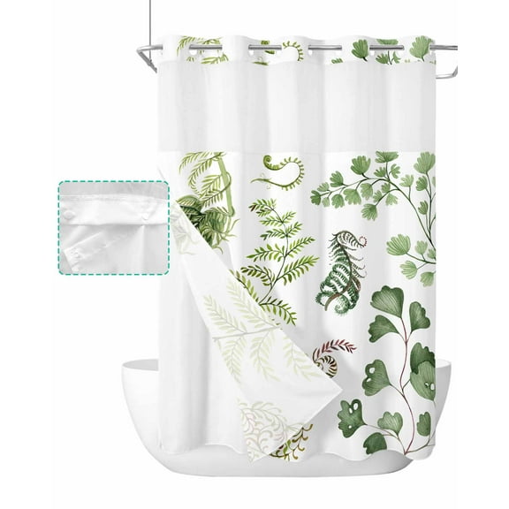 No Hook Shower Curtain with Snap in Liner, Green Fern Plant Leaves Texture Hotel Shower Curtains for Bathroom, Washable Shower Curtain Liner Set with Mesh Top Window, 60"x72"