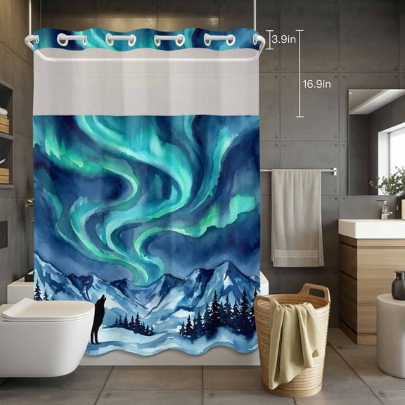 No Hook Shower Curtain with Snap in Liner, Green Lights Wolf Waterproof Fabric Bathroom Curtain Mesh Top Window, Watercolor Mountain Background Shower Curtains 72x84in