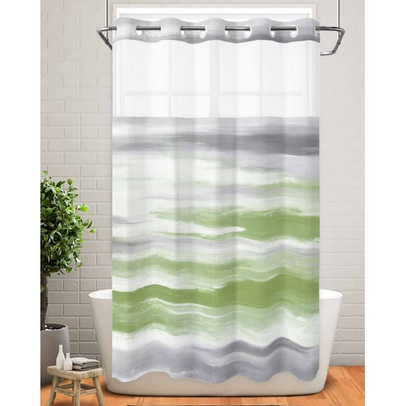 No Hook Shower Curtain with Snap in Liner,Green White Texture Waterproof Bath Curtain Double Layers with See Through Top Window,Abstract Oil Painting Hotel Shower Curtains 36x72in