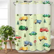 No Hook Shower Curtain with Snap in Liner, Greenpine Tree Cartoon Trucks Waterproof Bath Curtain Double Layers with See Through Top Window, Colorful Polka Dots Hotel Shower Curtains 48x72in