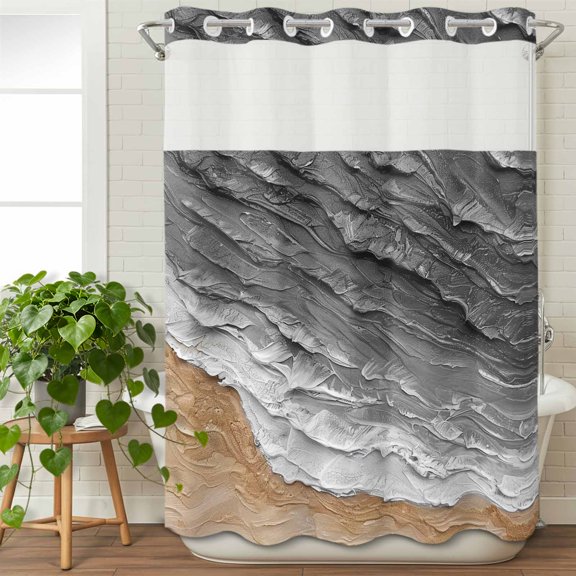 No Hook Shower Curtain with Snap in Liner, Grey Gradient Coastal Ocean Waves Waterproof Fabric Bathroom Curtain Mesh Top Window, Abstract Oil Painting Style Shower Curtains 48x72in