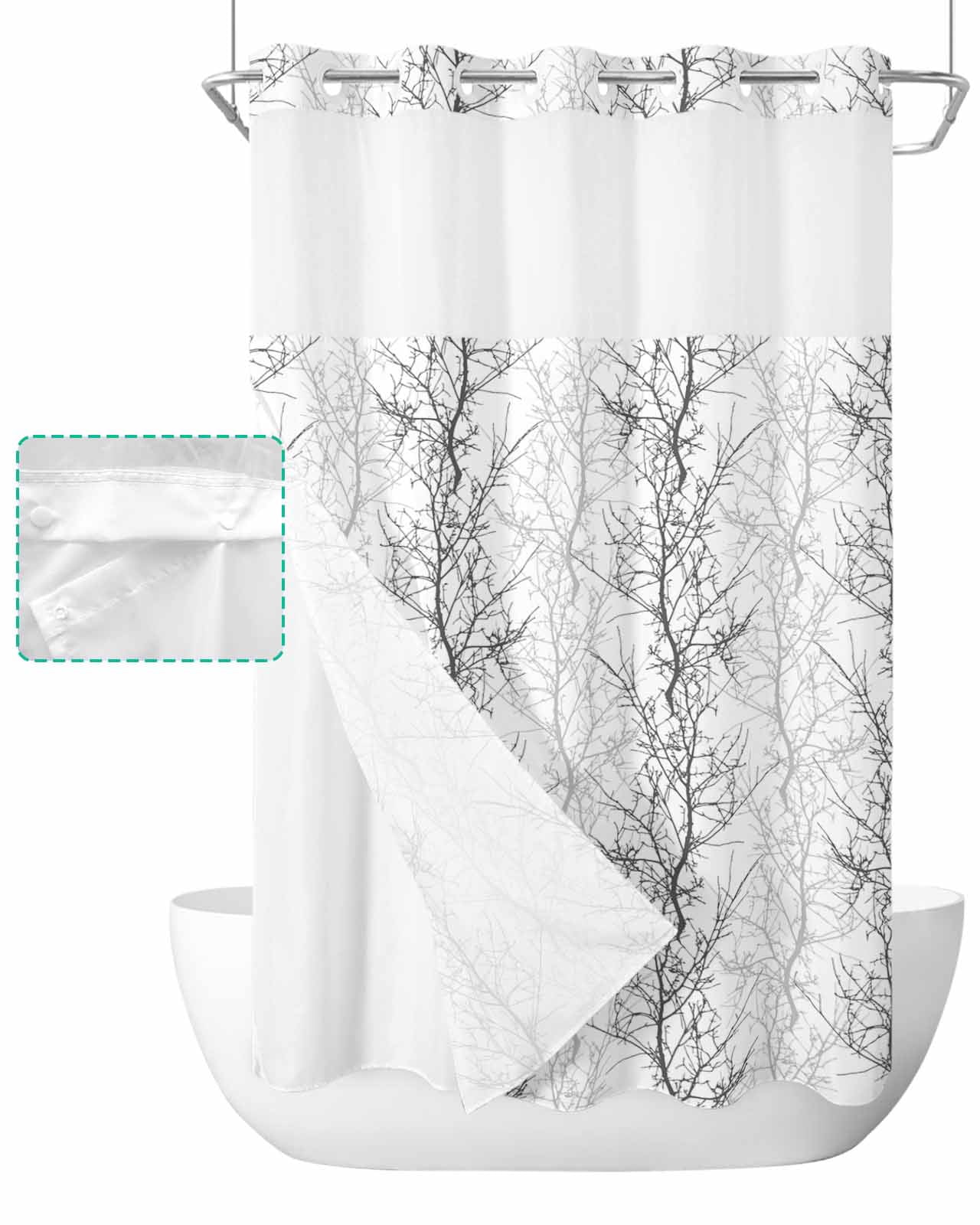 No Hook Shower Curtain with Snap in Liner, Grey Tree Branch Hotel