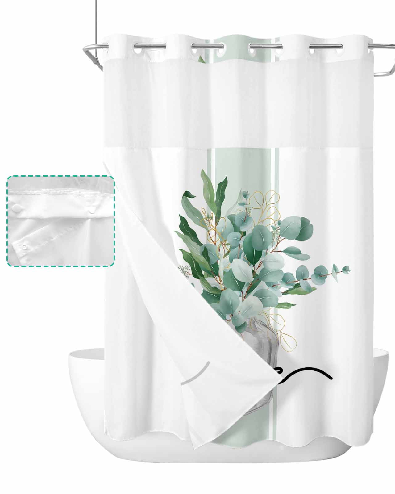 Green Eucalyptus Leaves Hookless Shower Curtain with Snap-in Liner