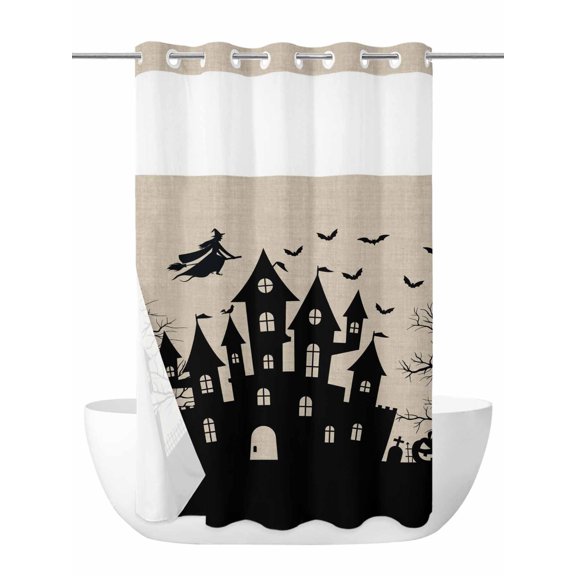 No Hook Shower Curtain with Snap in Liner,Halloween Haunted Castle Witch Riding Broom Bat Waterproof Bath Curtain with See Through Top Window,Dead Trees Black Shadow Shower Curtains,36x72in